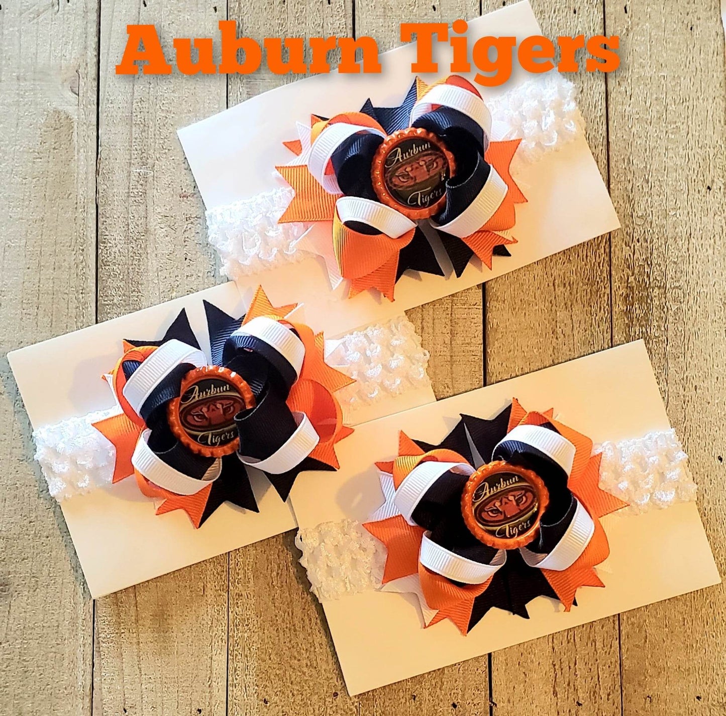 A(Newborn) Headband ~ "Auburn Tigers" ~ Grosgrain Ribbon~Knitted Band~ 3" inch Small Bow
