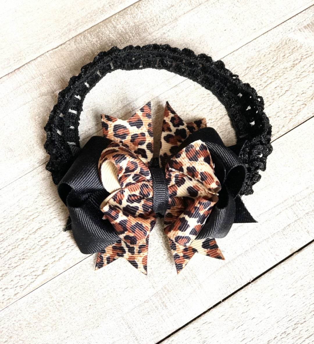 A(Newborn) Headband ~"Black & Leopard" ~Grosgrain Ribbon~Knitted Band~ 3" inch Small Bow