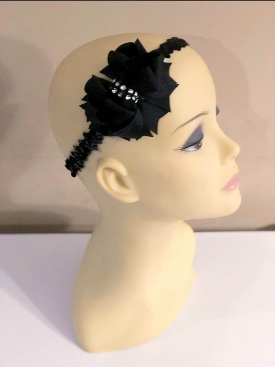 A(Newborn) Headband ~"Black Diamond" ~Grosgrain Ribbon~Sequin Band~ 3" inch Small Bow