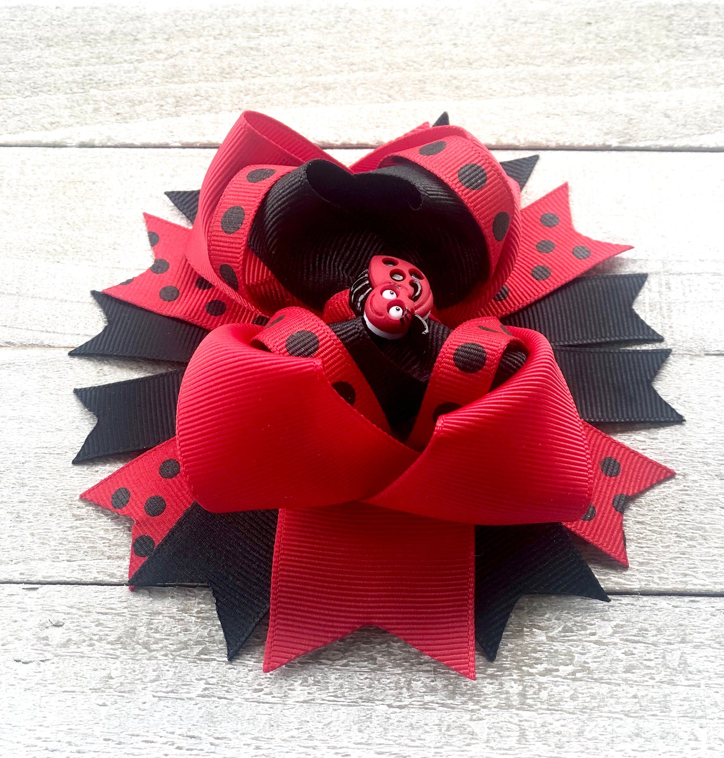Over The Top Bow~ Lady Bug Bow~ Red and Black Bow~ Boutique Bow~ Double Layered Bow~ 5" inch Medium Bow