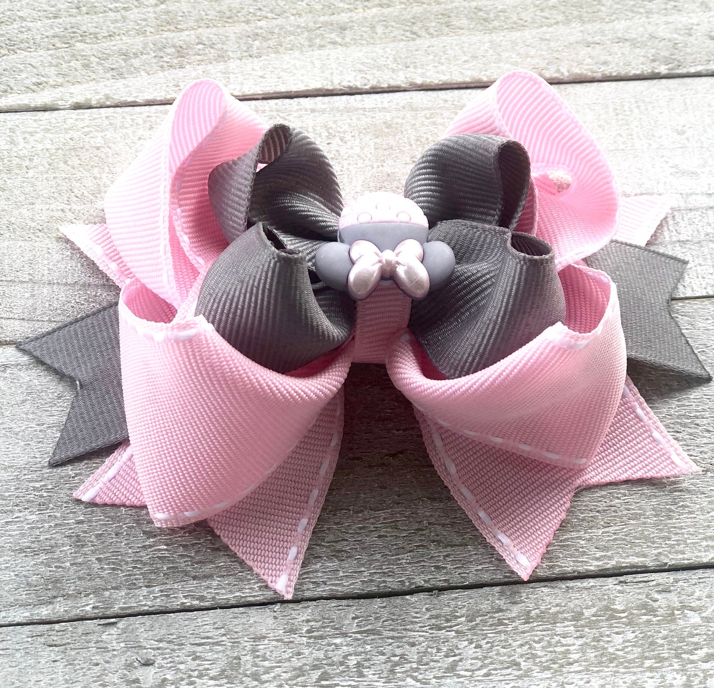 Minnie Mouse Bow 2~ Pink and Gray Bow~ Boutique Bow~ Double Layere ~ 4.7" inch Medium Bow