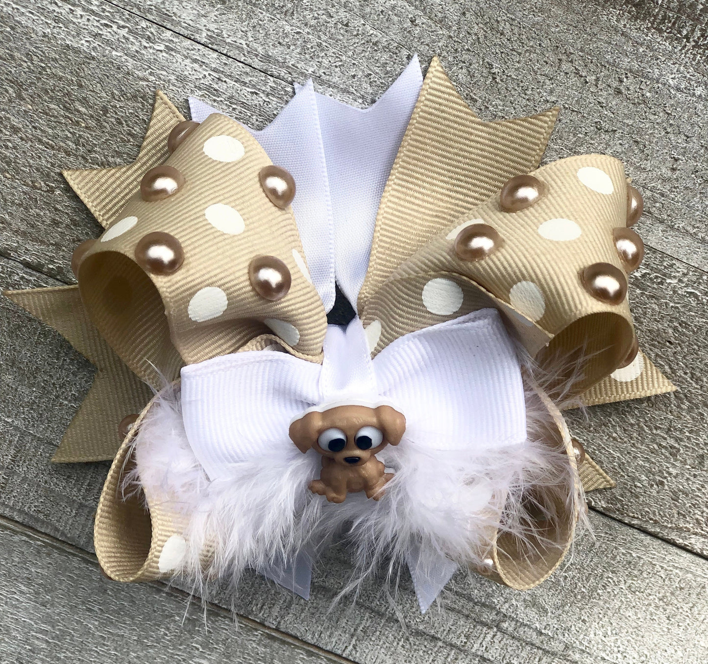 Over The Top Bow~My Little Puppy Bow~ Beige and White Bow~ Boutique Bow~ Double Layered Bow~ 4.5 " inch Medium Bow