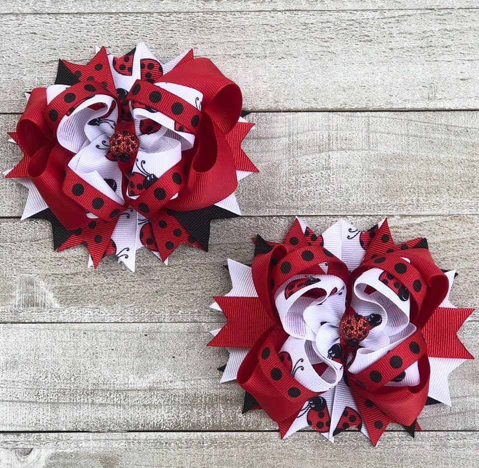 Over The Top Bow~ Lady Bug 2 Bow~ Red, Black & White Bow~ Boutique Bow~ Double Layered Bow~ 5" inch Medium Bow