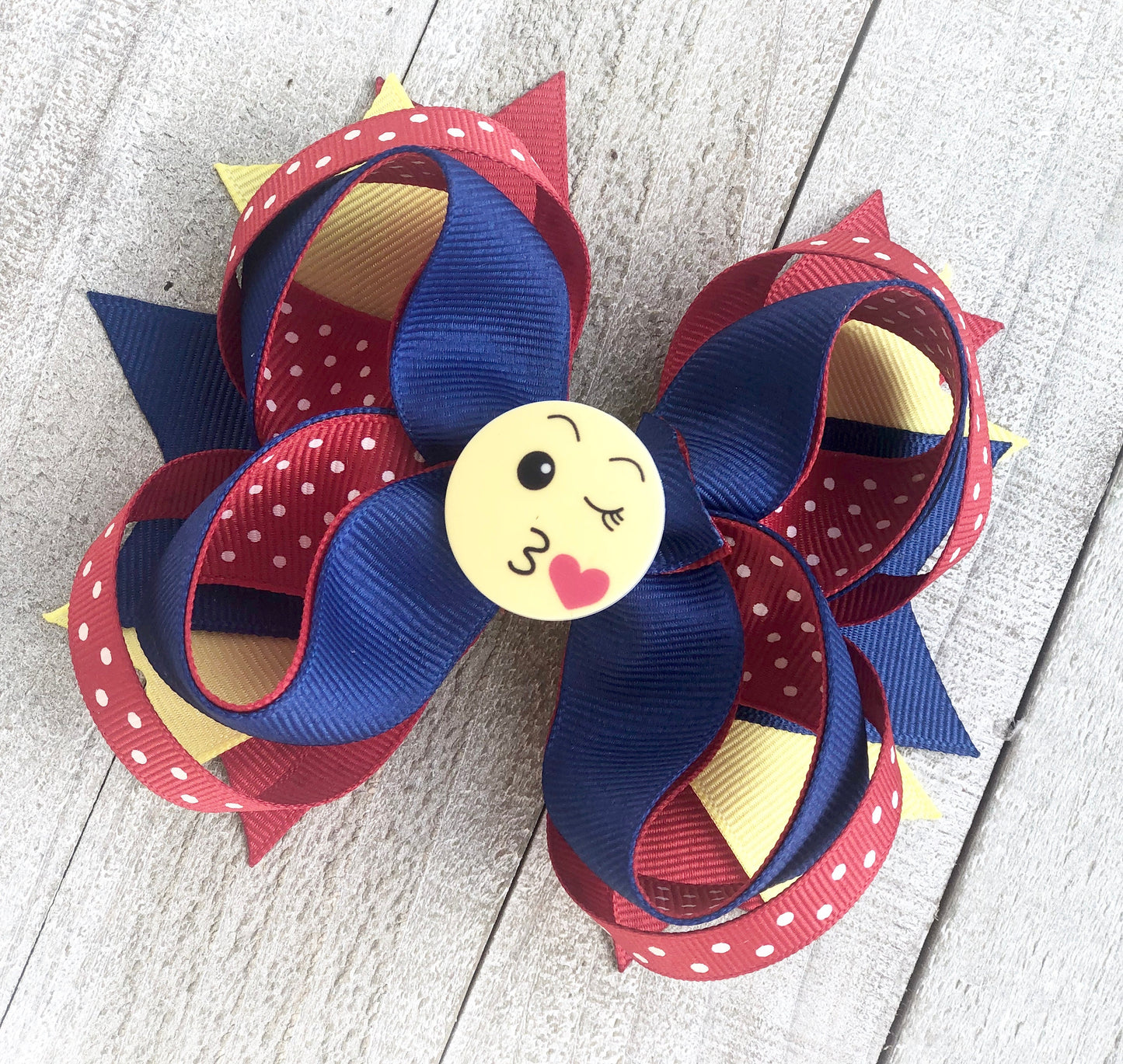 Emoji Bow~ Blue, Red & Yellow Bow~ Boutique Bow~ Double Layered~ 4.7" inch Medium Bow