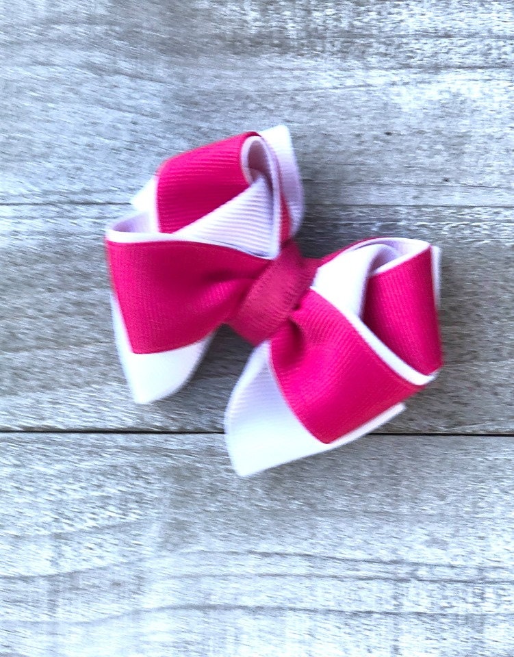 Small Bow Set~ Pig Tail Bows~ Hot Pink & White Bows~ 3" inch Bows