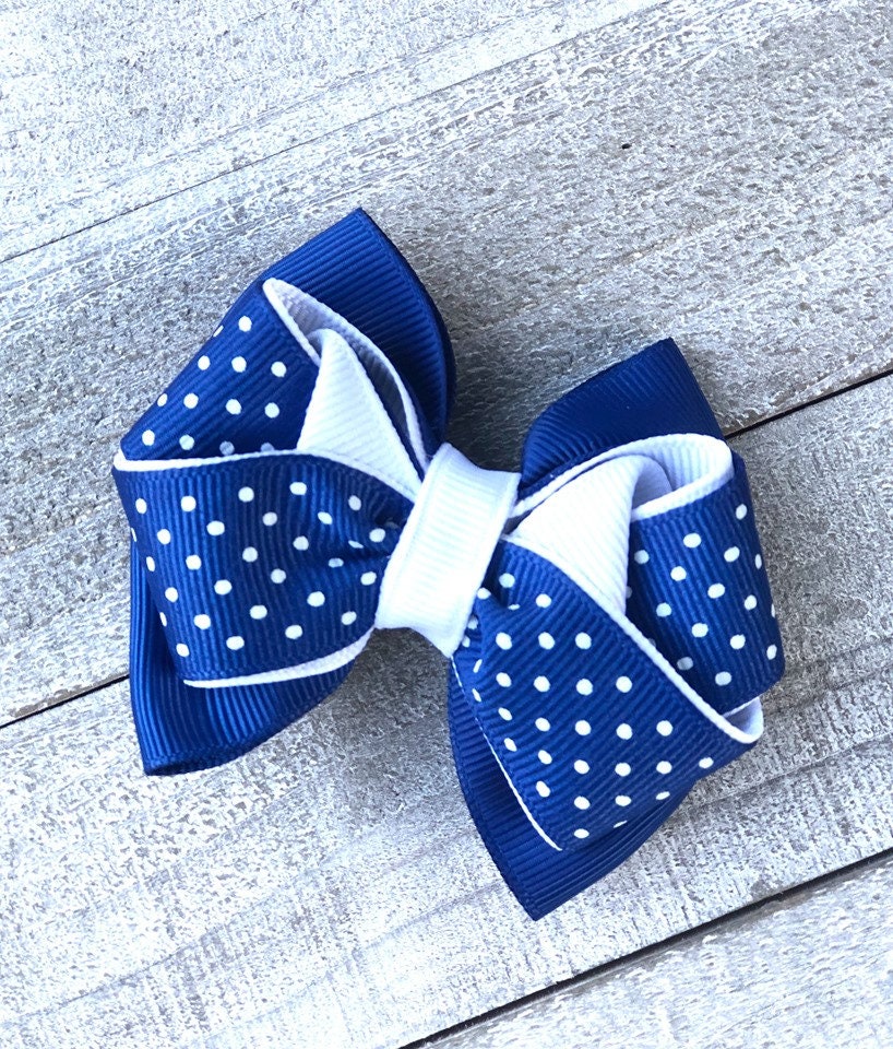Small Bow Set~ Pig Tail Bows~ Blue & White Bows~ Polka Dot Bows~ 3" inch Bows