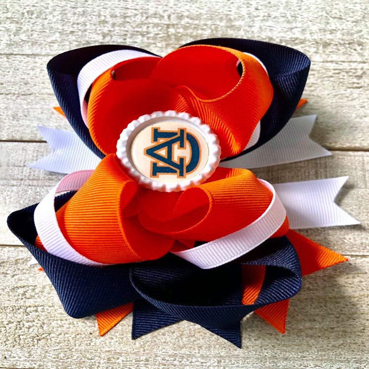 Bottle Top Boutique Style Bow~Auburn Bow~ Orange, White and Blue Bow~ Double Layered Bow~ 5.5" inch Medium Bow