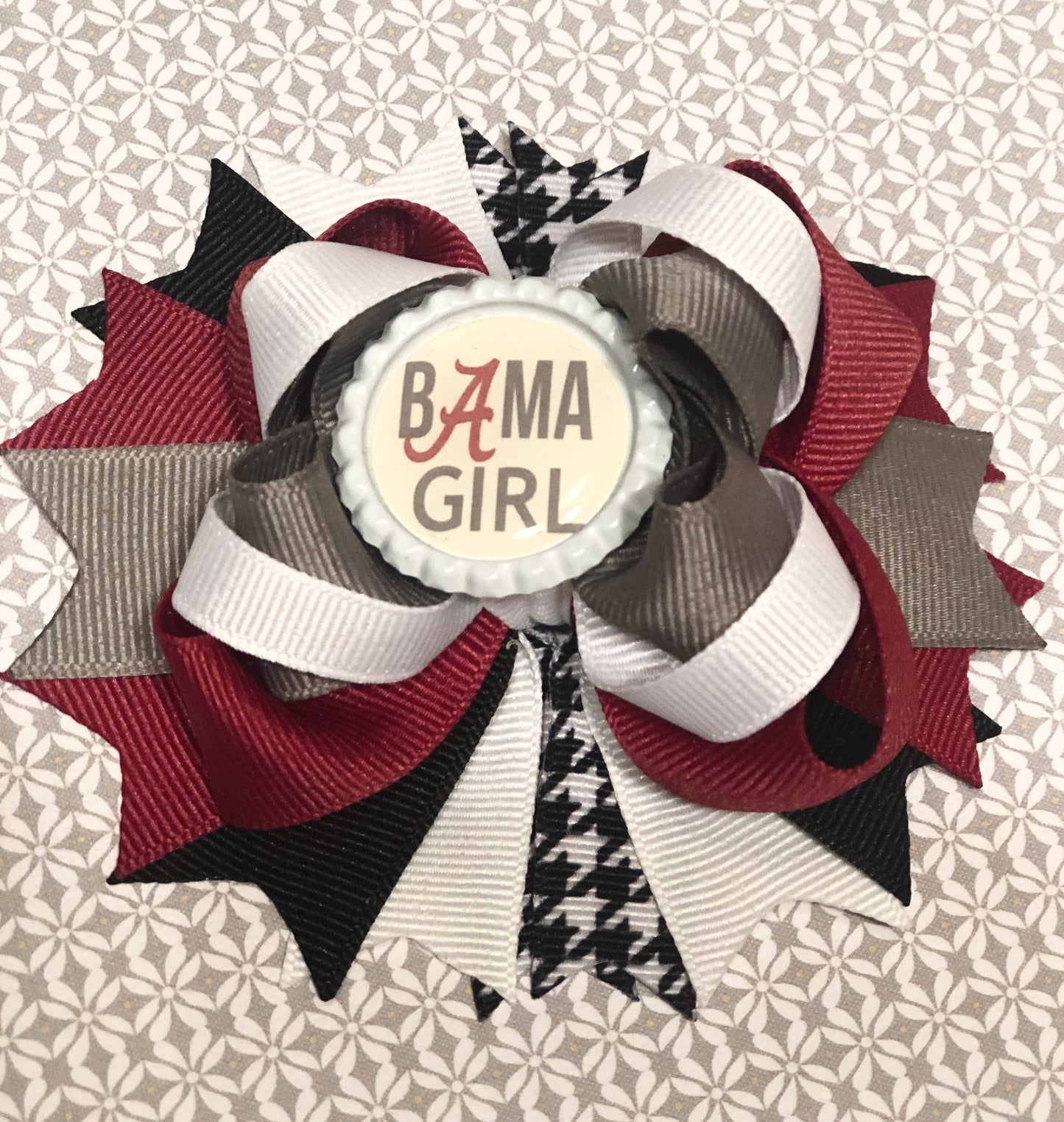 Bottle Top Boutique Bow~ Bama Girl Bow~ Crimson, White & Gray Bow~ Double Layered Bow~ 4.2" inch Small Bow