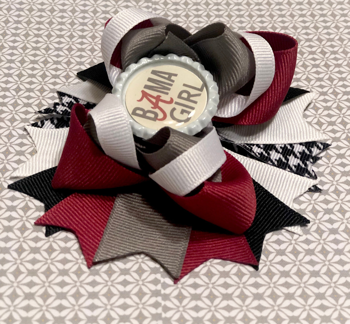 Bottle Top Boutique Bow~ Bama Girl Bow~ Crimson, White & Gray Bow~ Double Layered Bow~ 4.2" inch Small Bow