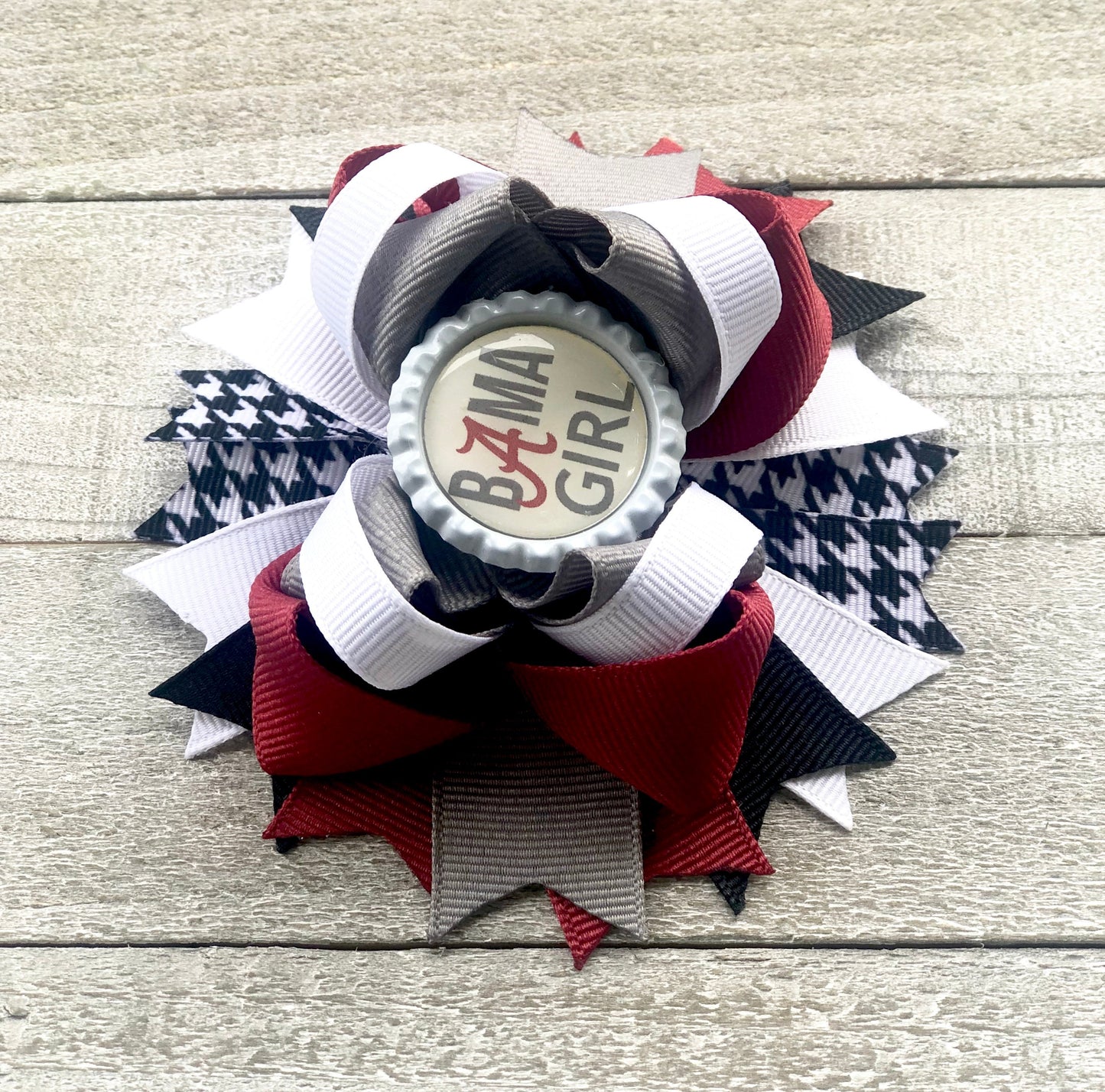 Bottle Top Boutique Bow~ Bama Girl Bow~ Crimson, White & Gray Bow~ Double Layered Bow~ 4.2" inch Small Bow