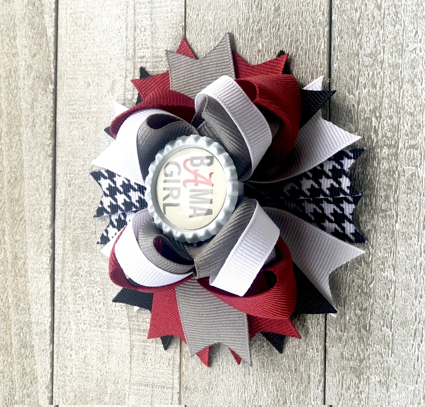 Bottle Top Boutique Bow~ Bama Girl Bow~ Crimson, White & Gray Bow~ Double Layered Bow~ 4.2" inch Small Bow