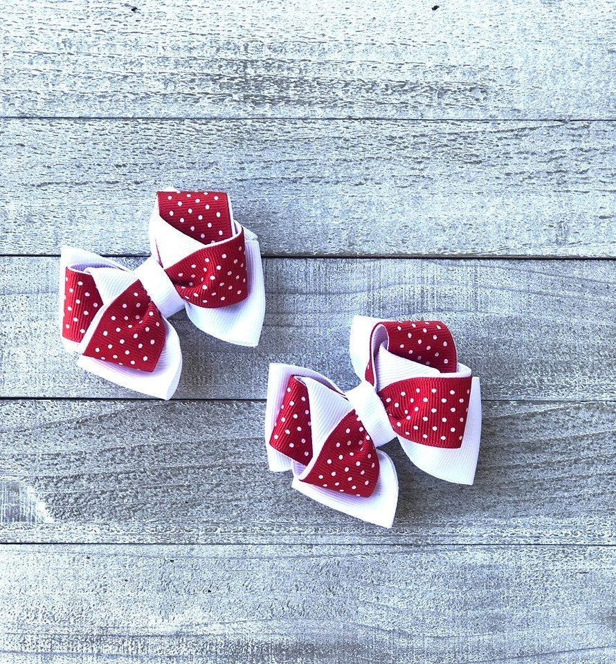 Small Bow Set~ Pig Tail Bows~ Red & White Bows~Polka Dots Bows ~ 3" inch Bows